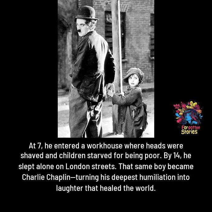 Black and white image of Charlie Chaplin and child highlighting forgotten stories of childhood hardship and resilience.