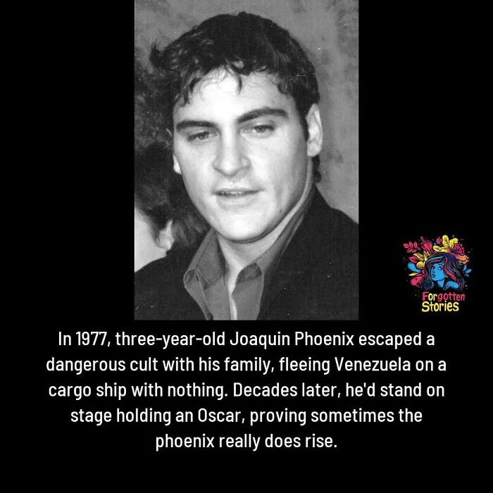 Black and white photo of a young Joaquin Phoenix highlighting forgotten stories of resilience and escape from a cult.