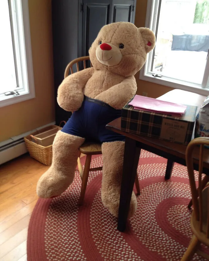 My Girlfriend Got Me A Giant Teddy Bear For Valentine's Day. I Had To Leave It At My Parent's House And This Happened Today