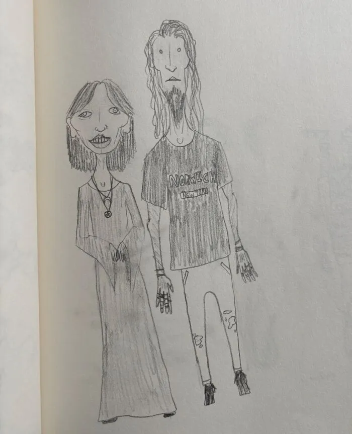 One Of My Friends Was Drinking At A Haunted Inn In Central NY And Met A Wiccan And A Self-Described Satyr And My Kid Drew Their Portrait
