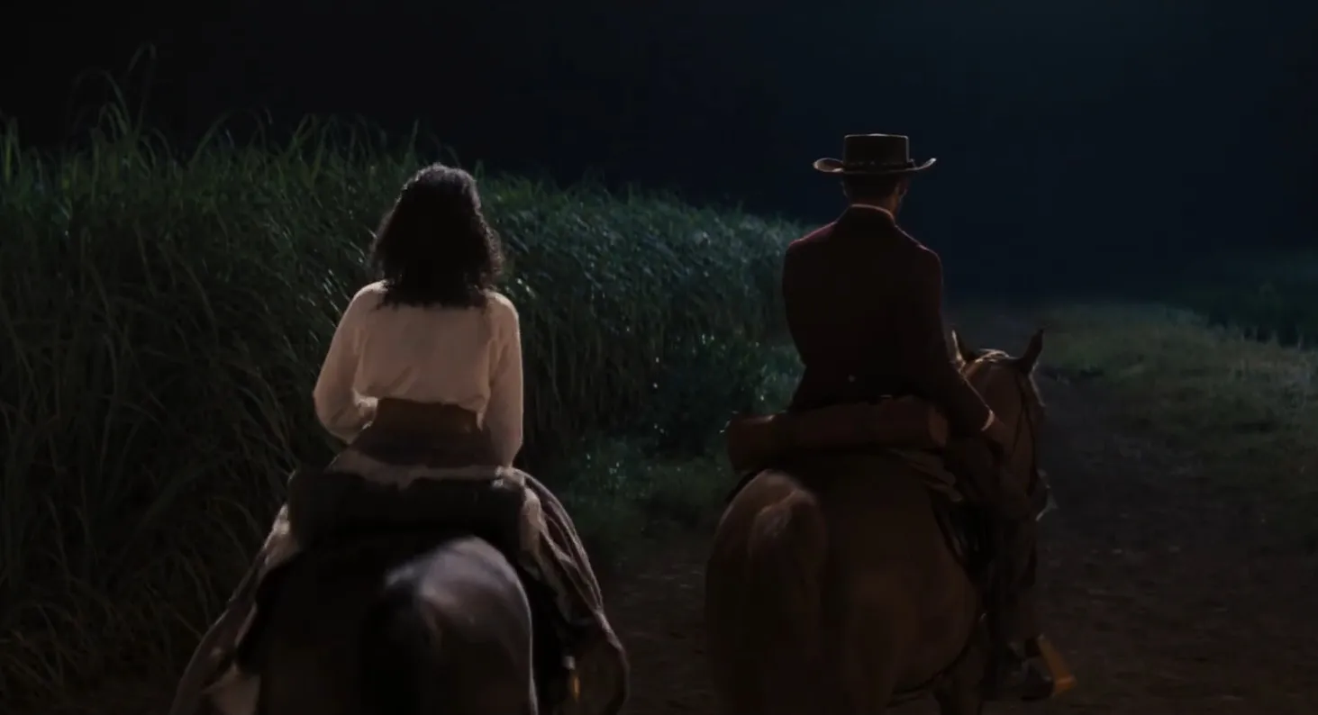 Two riders on horseback at night along a dark path in a movie final scenes setting, capturing cinematic mystery.