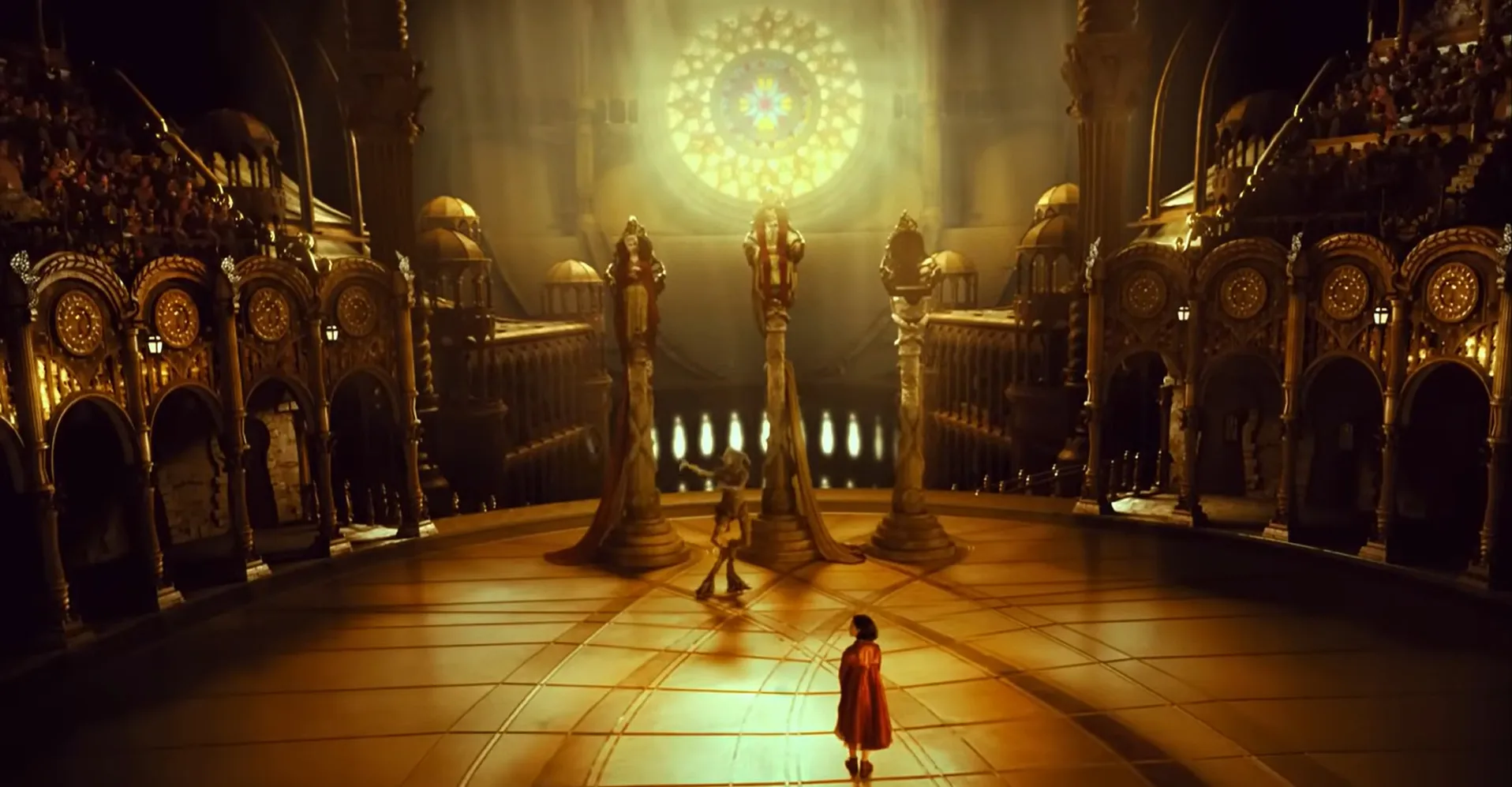 A dramatic movie final scene in a grand cathedral with two characters facing each other under stained glass lighting.