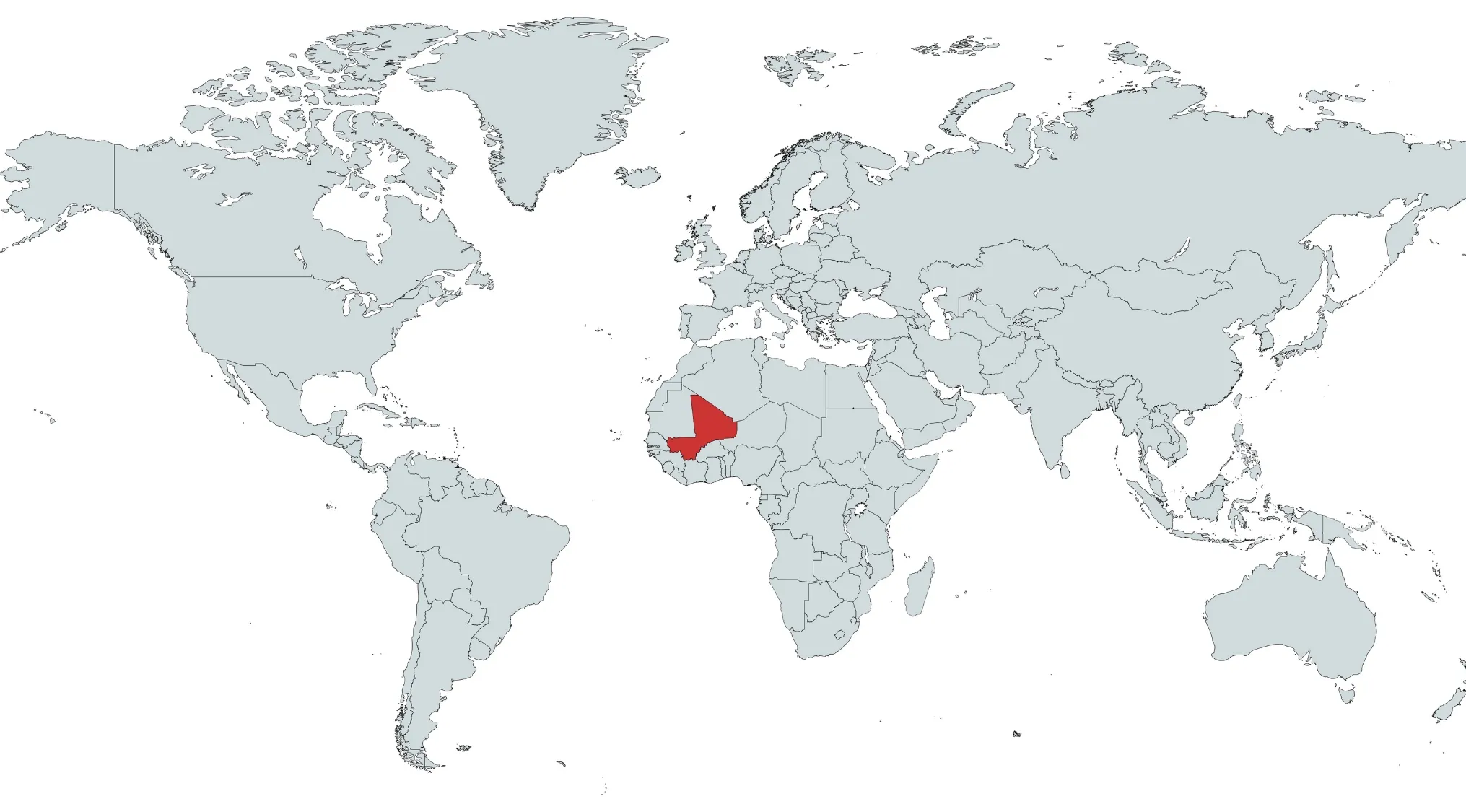 World map with one country highlighted in red in West Africa for country guessing quiz.