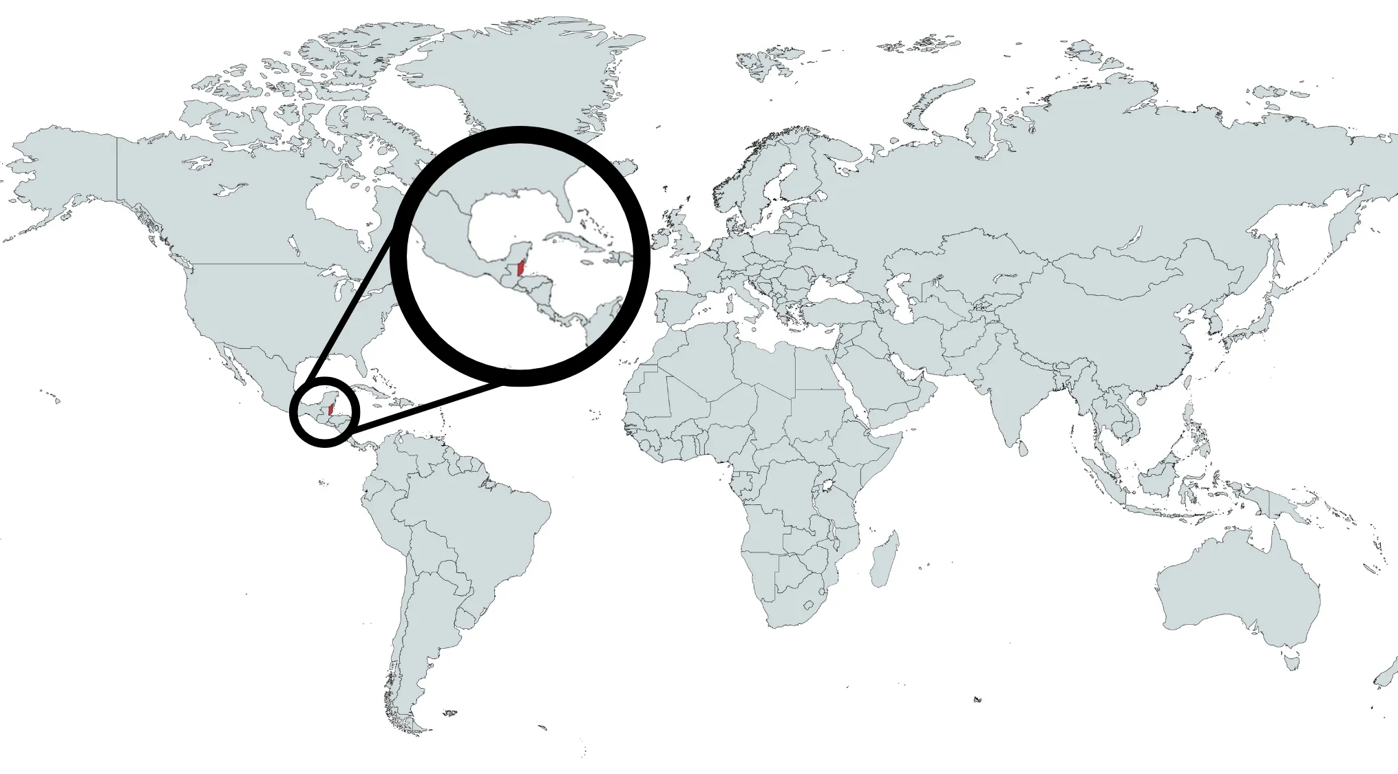 World map with Guatemala highlighted in red, zoomed in with a magnifying circle for country location guess.
