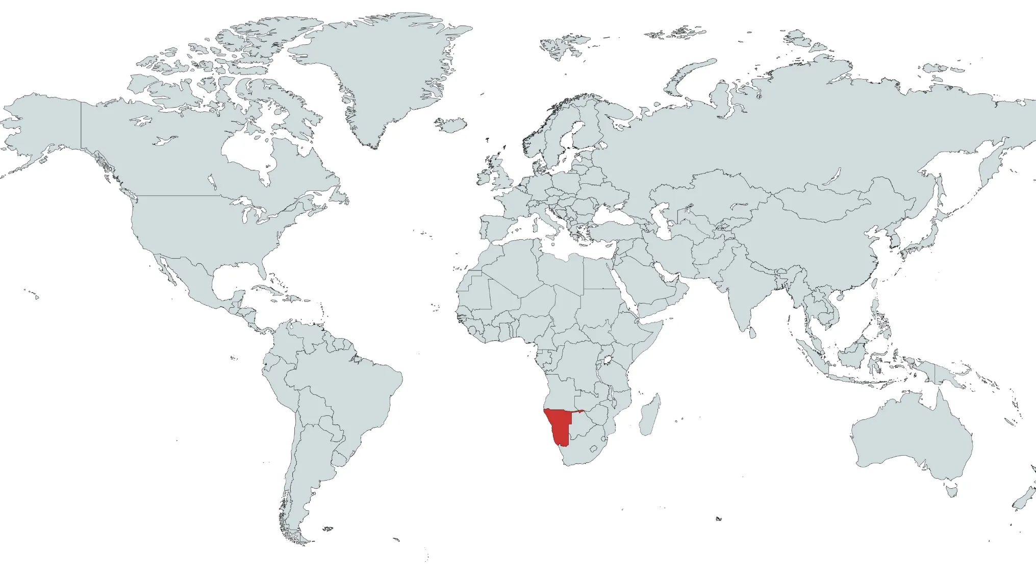 World map with Namibia highlighted in red, showing which country is highlighted on the map in Africa.