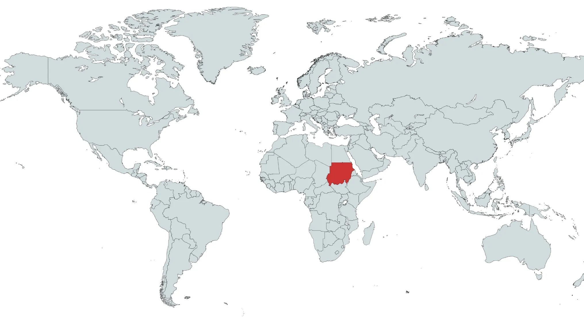 World map with Sudan highlighted in red to identify this country from Africa using main SEO keywords.