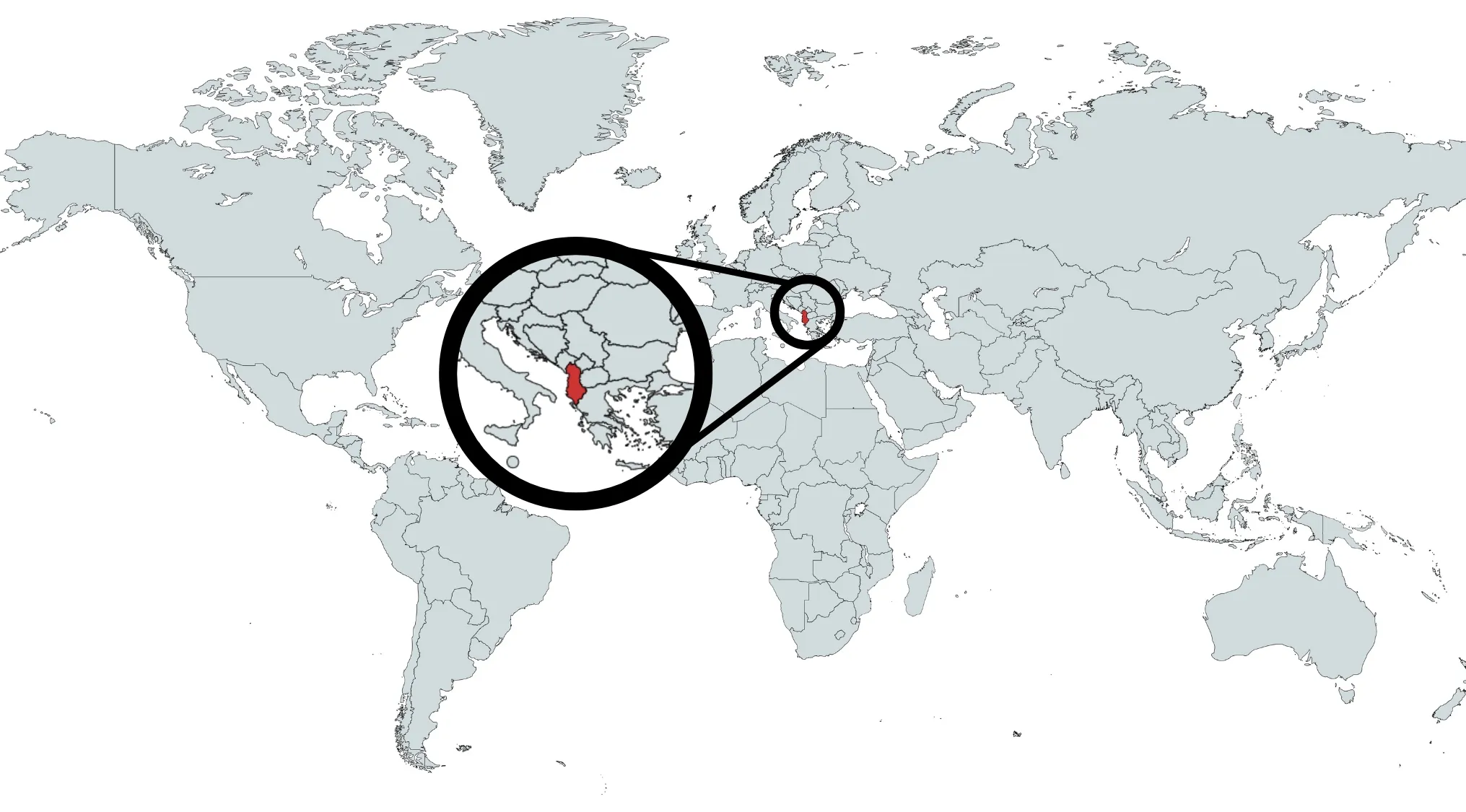 World map with Albania highlighted in red, magnified to show its location in Southeastern Europe.