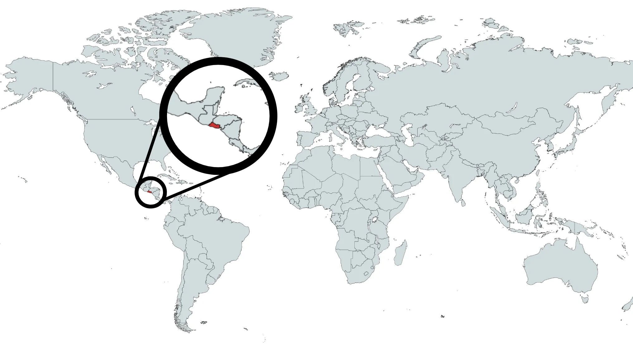 World map with the country highlighted on the map shown in red, focusing on Central America region.