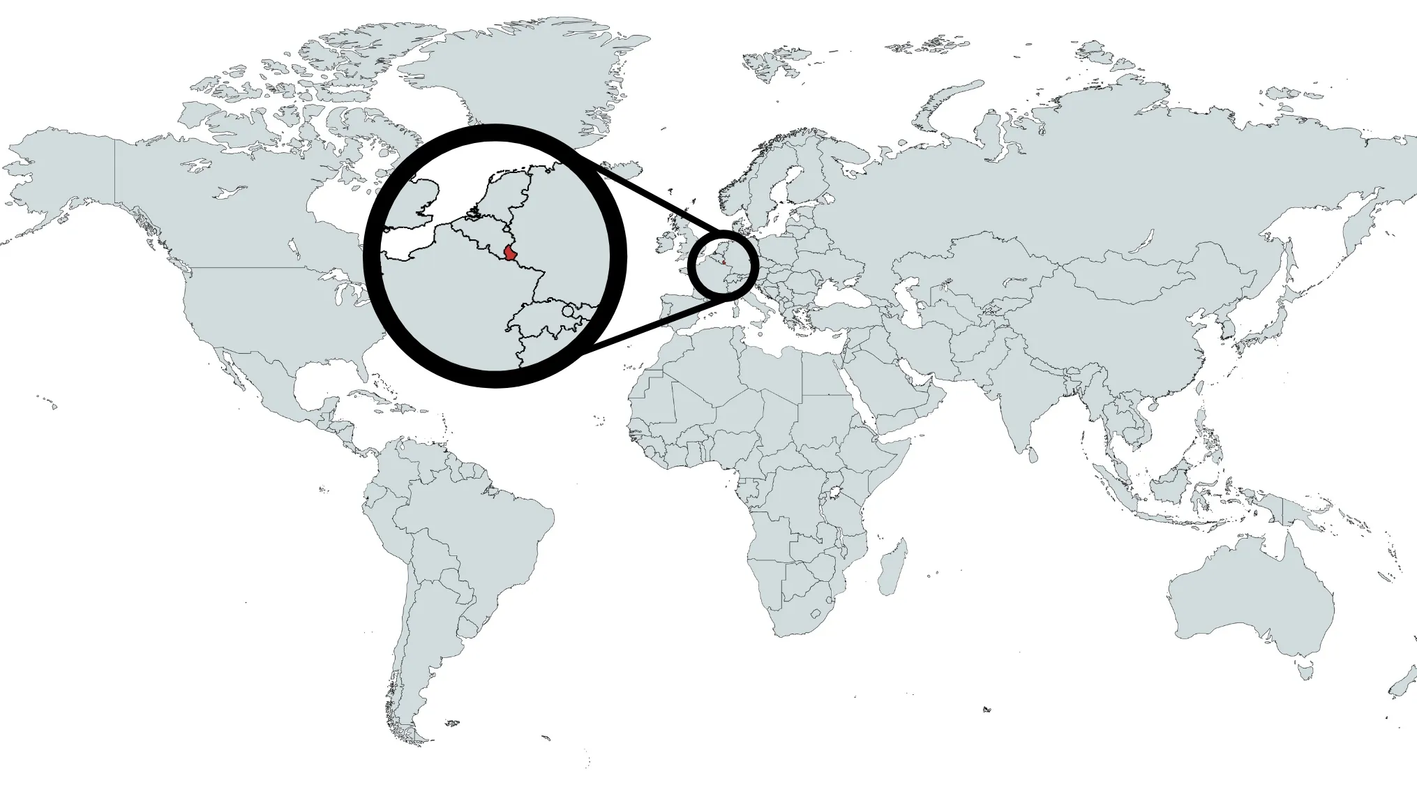 World map with one country highlighted in red, zoomed in for a closer view to guess the country highlighted on the map.