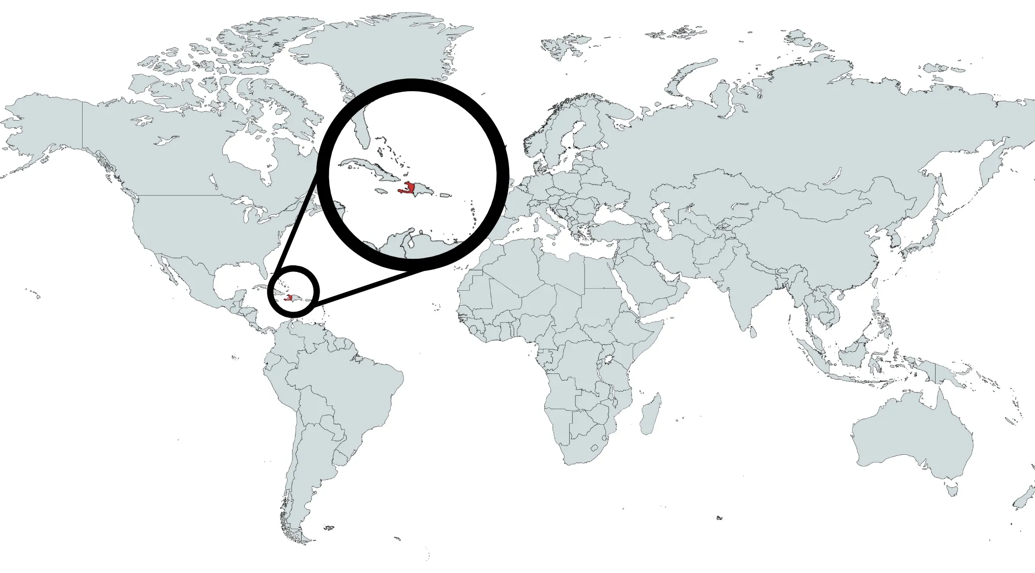Map highlighting the country of Haiti in red with a zoomed-in circle showing its location in the Caribbean region.