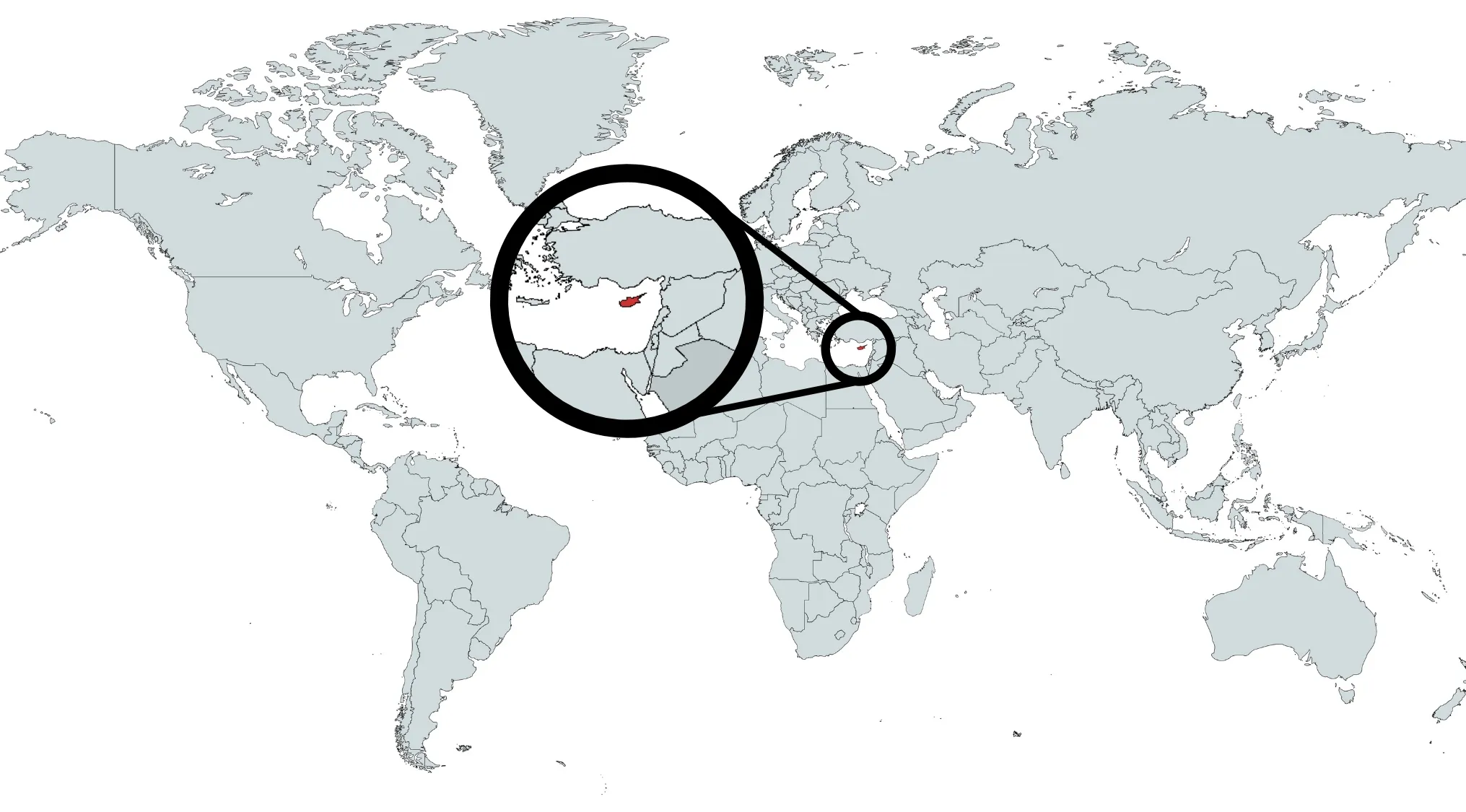 World map with a magnified view highlighting the country of Cyprus in red.