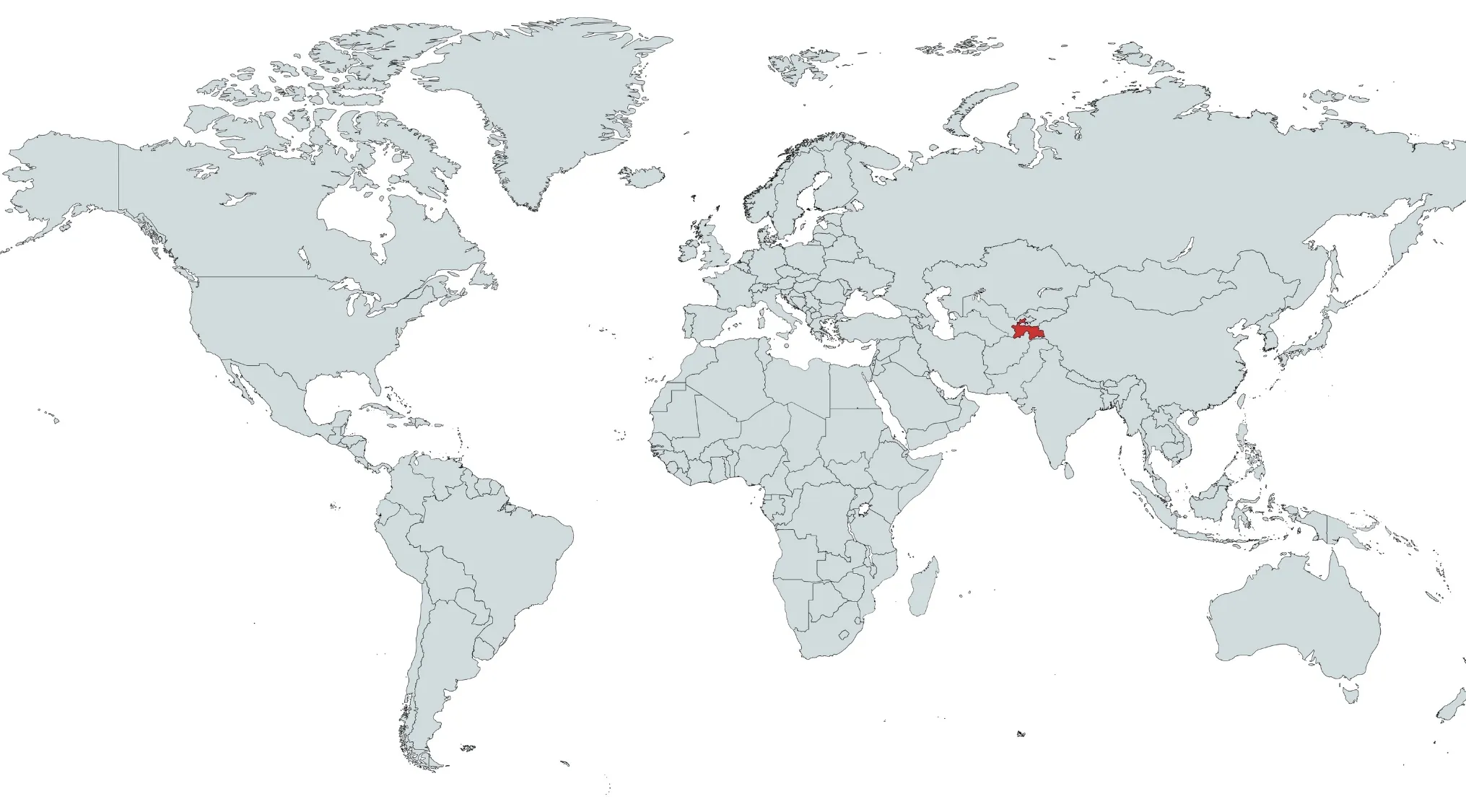 World map with Kyrgyzstan highlighted in red, showing which country is highlighted on the map in central Asia.
