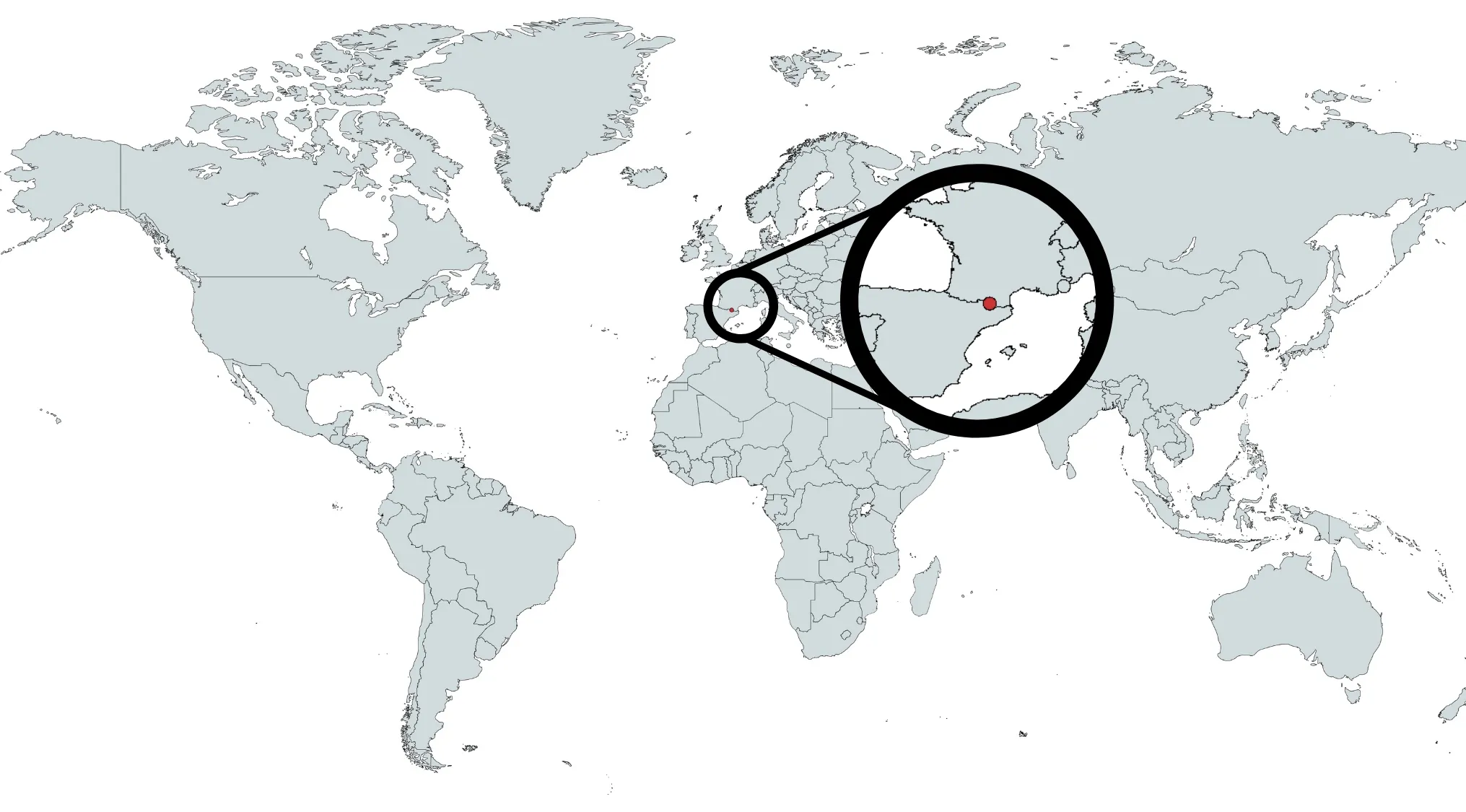 World map with a magnified view highlighting the country located between France and Spain for country guess.