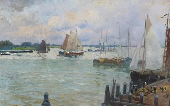 Impressionist art scene depicting sailboats on water with loose, visible brushstrokes capturing light and everyday life.