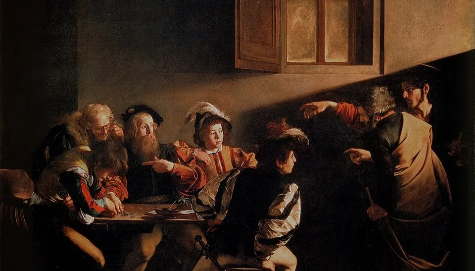 A Baroque painting with dramatic chiaroscuro lighting highlighting faces against a dark background in a museum setting.