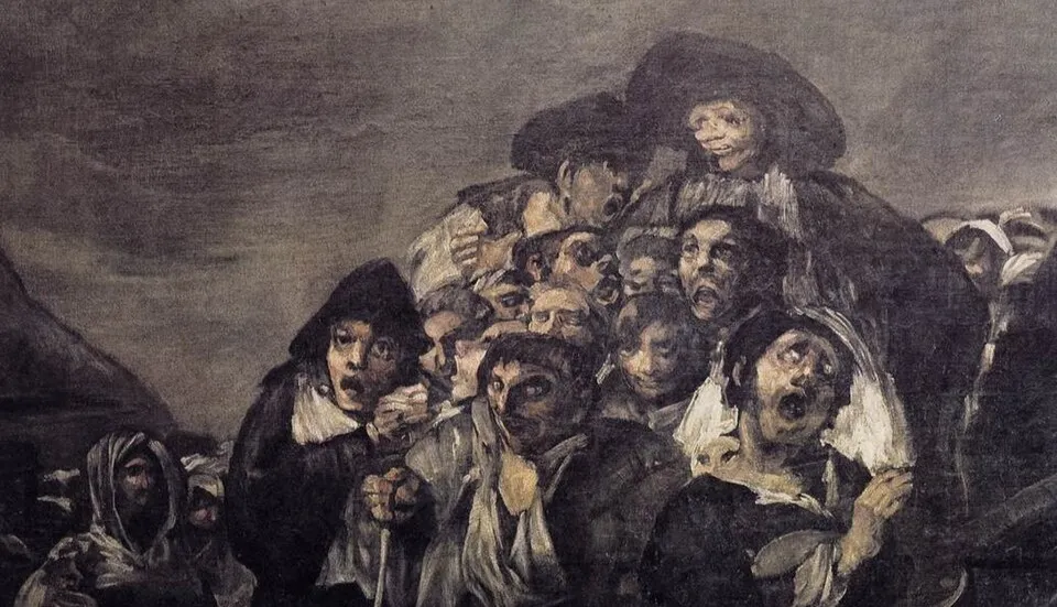Dark haunting figures in a painting by Spanish painter Francisco Goya from his Black Paintings series.