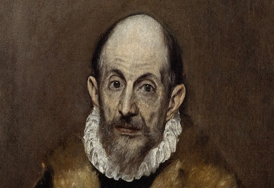 Portrait of Spanish painter El Greco with a dark background, showcasing his distinctive detailed and haunting style.
