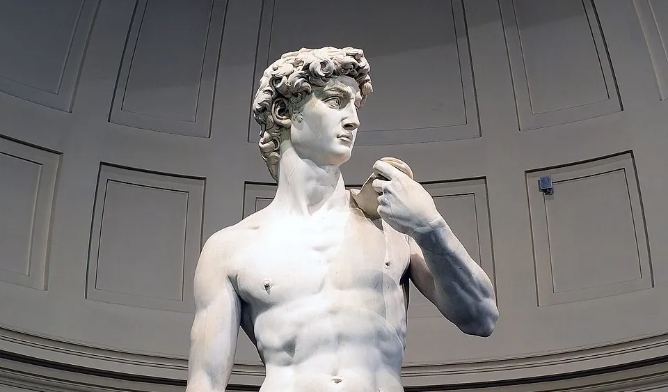 Renaissance artist Michelangelo's detailed sculpture David displayed in a classical indoor gallery setting.