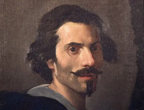 Portrait of Renaissance artist Gian Lorenzo Bernini with dark hair and distinctive facial hair against a muted background.