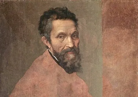 Portrait of Renaissance artist Michelangelo with beard and focused expression against a muted background.