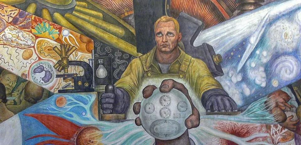 Mexican muralist painting large-scale political murals featuring science and human progress themes in vibrant colors.