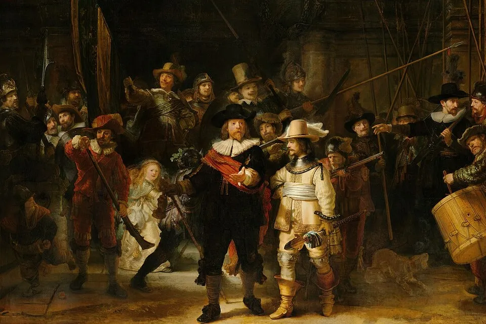 The Night Watch painting showing a group of militia men in traditional 17th-century attire.