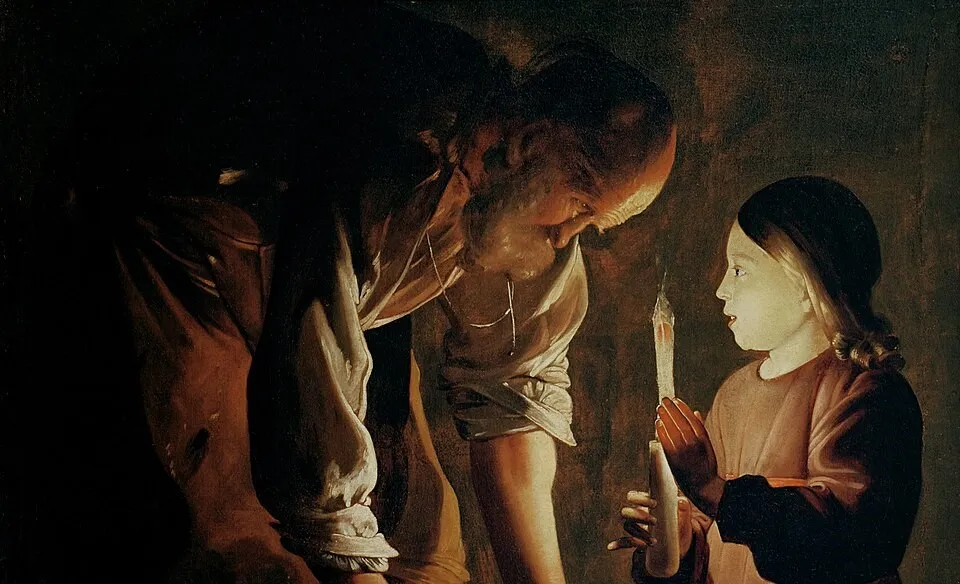 Baroque painting showing strong contrast of light and dark with chiaroscuro technique between a man and a child holding candle.