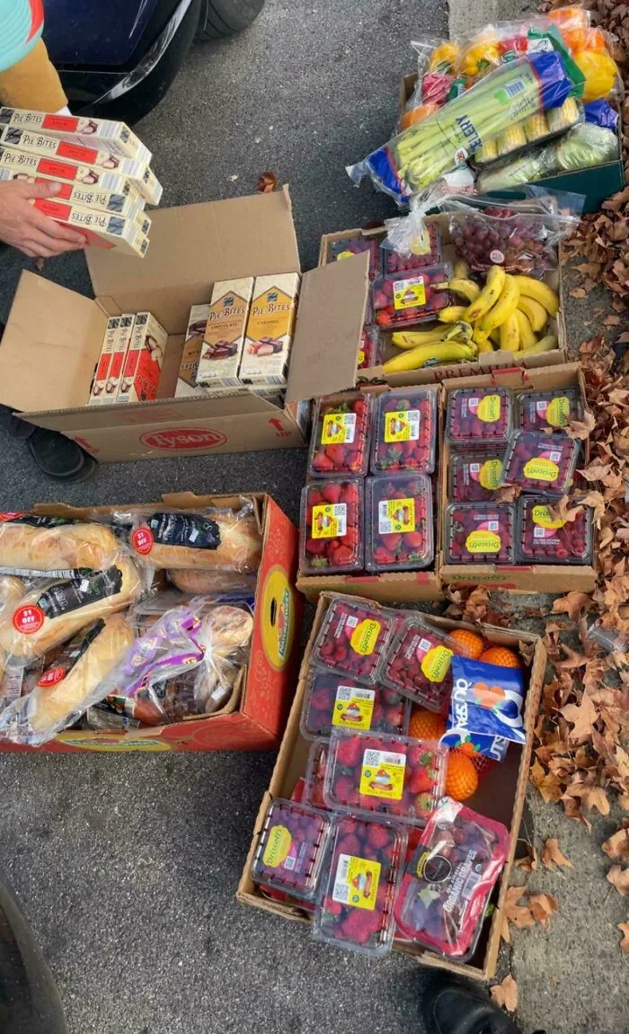 Various boxes overflowing with fresh fruits like strawberries, bananas, and grapes, along with bread and packaged goods from dumpster diving.