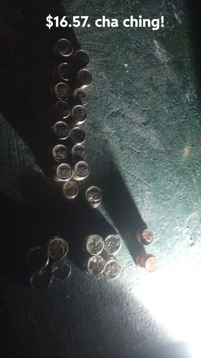Various stacks of coins, primarily dimes, totaling $16.57, representing a monetary stroke of luck from dumpster diving.