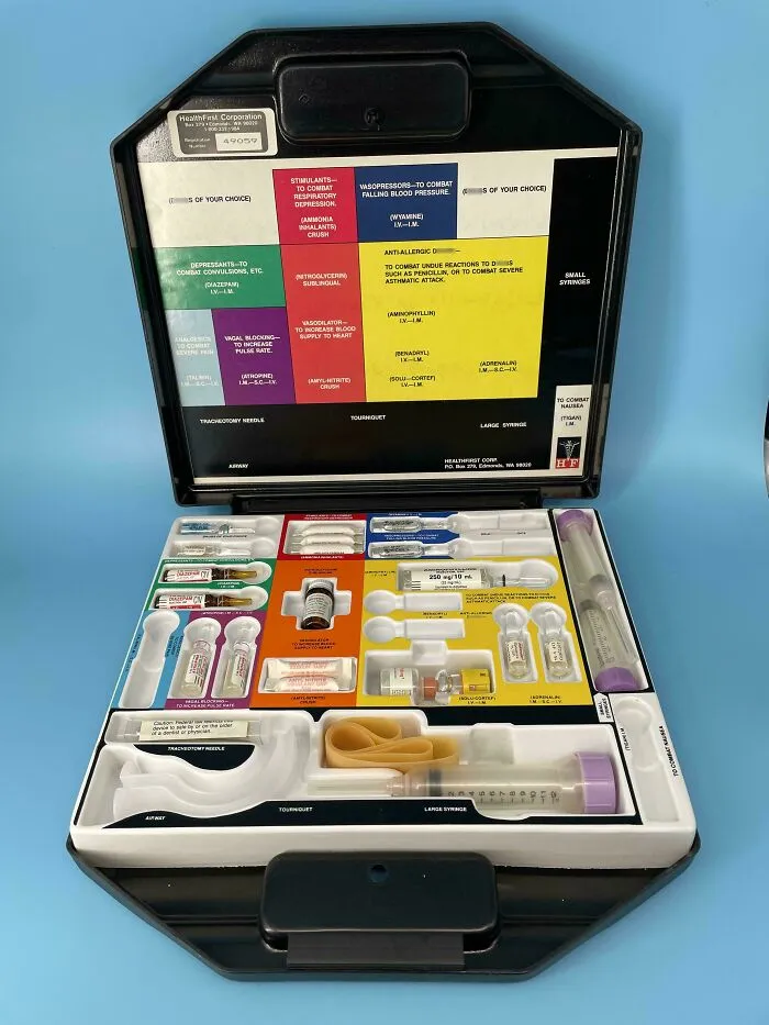 An organized medical kit with various supplies, an unexpected treasure from dumpster diving.