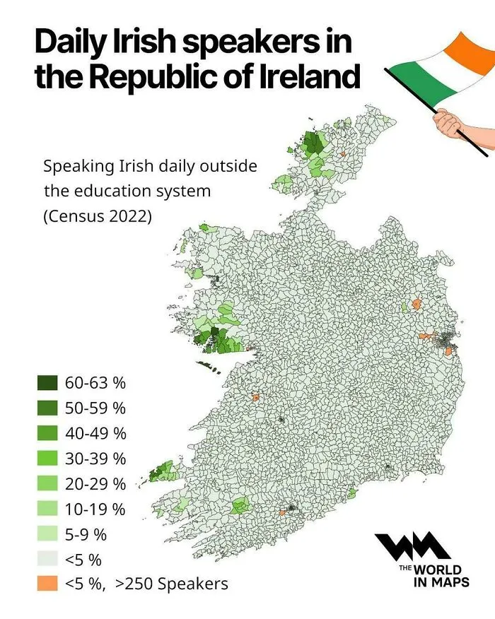 Interesting maps of Ireland showing the percentage of daily Irish speakers by region.