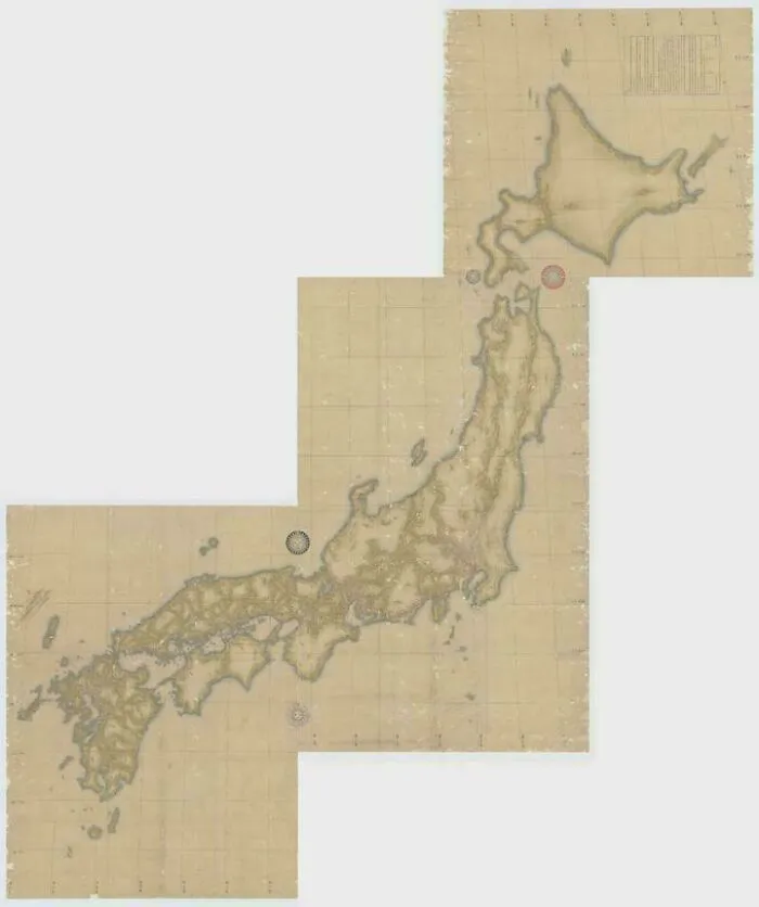 An ancient, detailed survey map of Japan, representing interesting maps from history.