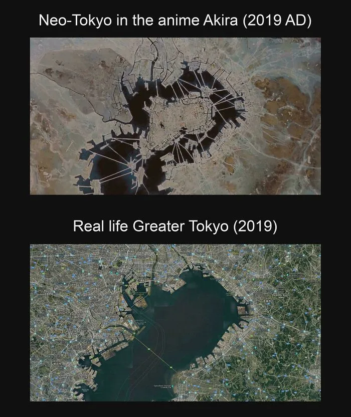 Side by side interesting maps showing fictional Neo-Tokyo from Akira versus real life Greater Tokyo in 2019.