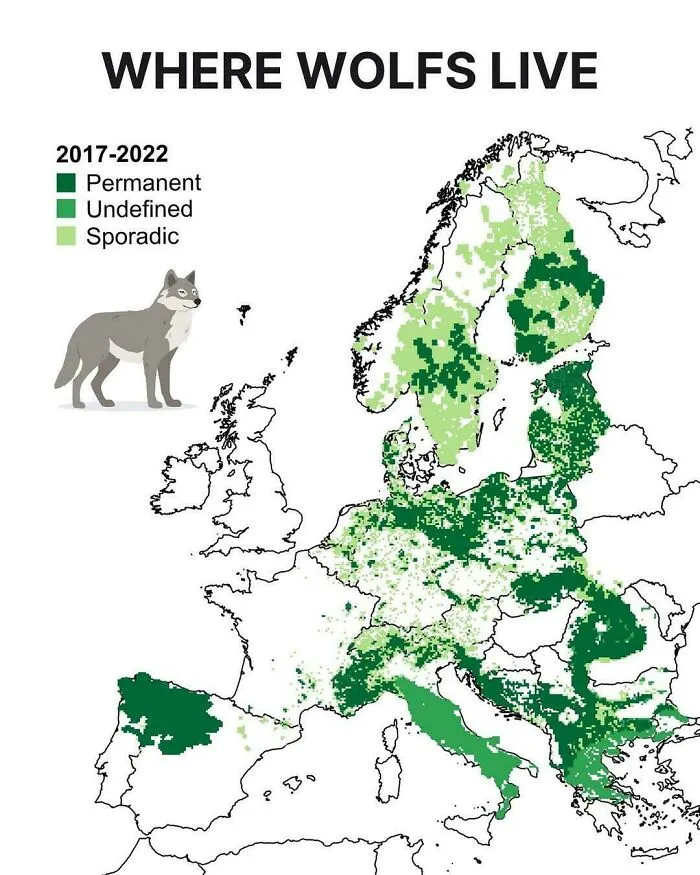 Interesting maps of Europe showing where wolves live in permanent and sporadic areas