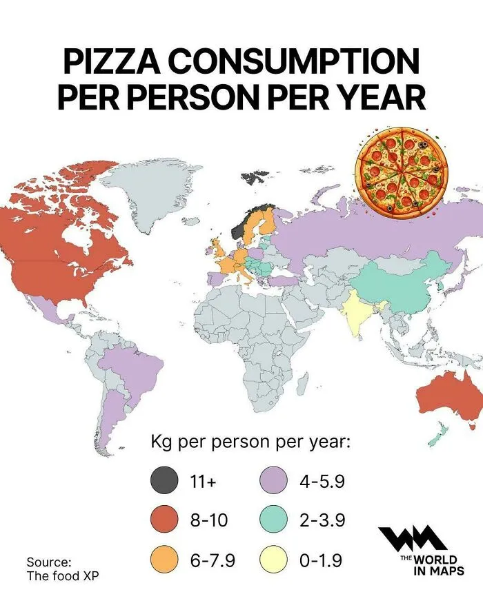 Interesting maps showcasing global pizza consumption per person per year