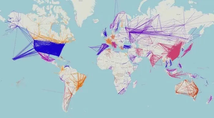 A world map showing global flight paths and networks in various colors, showcasing interesting maps