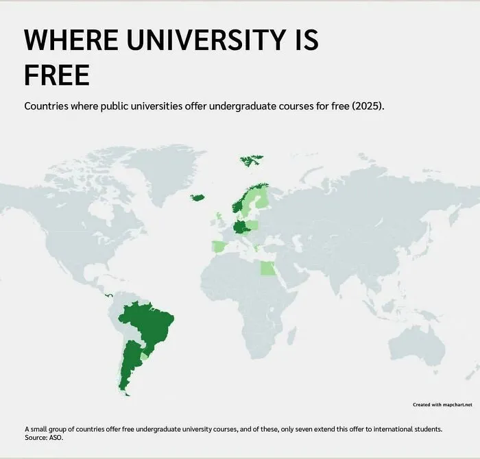 An interesting world map highlighting countries where public university is free, from geography class
