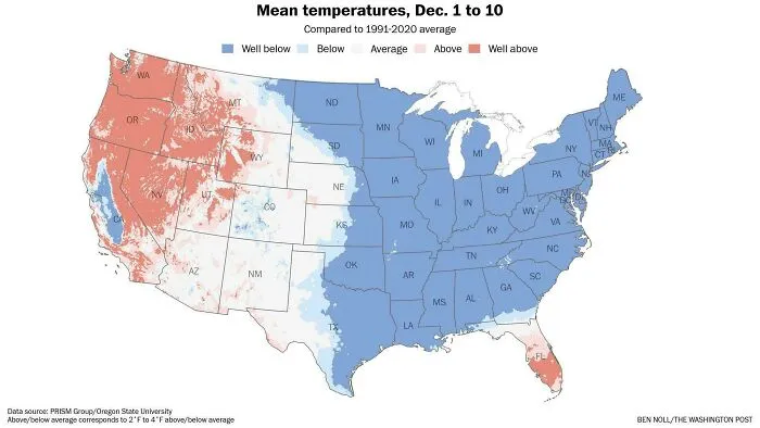 US mean temperatures map from December 1 to 10 showing above and below average regions as interesting maps.