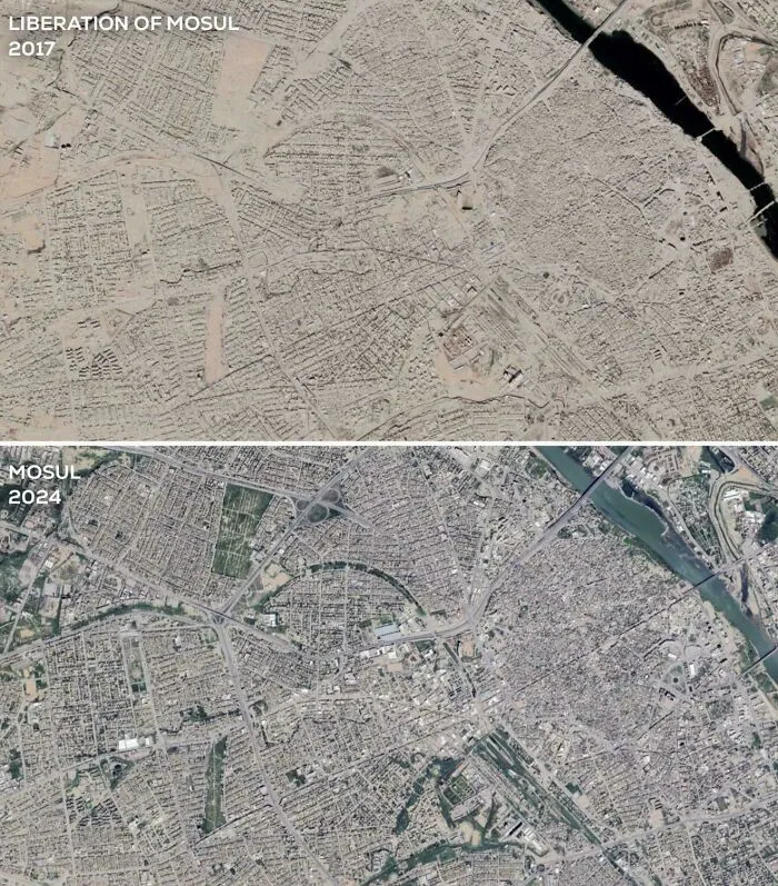 An interesting comparison map showing satellite views of Mosul, Iraq in 2017 versus 2024.