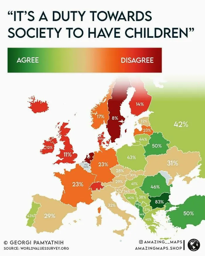 Interesting maps showcasing the percentage of agreement on the societal duty of having children across Europe