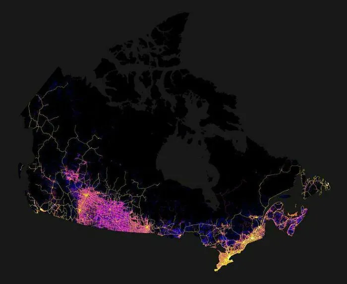 An interesting map of Canada at night, highlighting population density along the southern border.