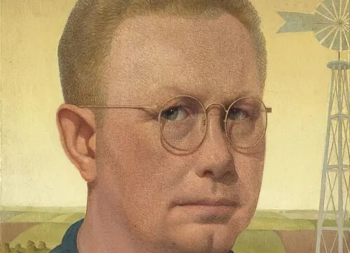 Portrait of Grant Wood wearing glasses with a windmill in the background, representing the artist linked to Nighthawks.