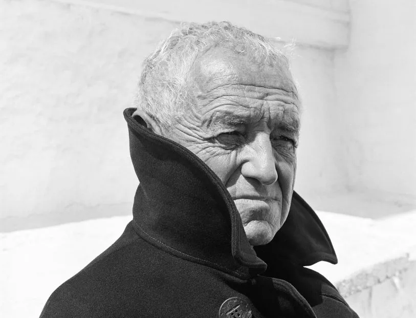 Older man with white hair wearing a high-collared black coat, outdoors in bright sunlight, related to artist Nighthawks question.