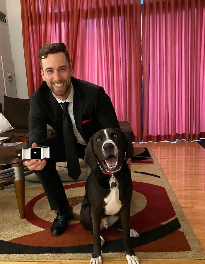 My Dog Leonard And I Dressed In Matching Outfits To Propose To My Fiancé (His Idea). If You Look Closely, You Can See His Black Tie. We’re Both Elated She Said Yes