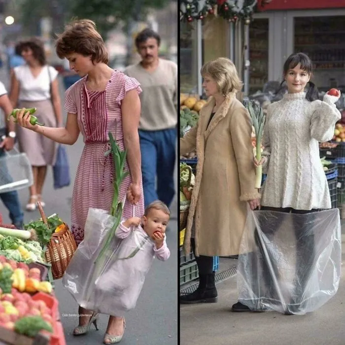 Una madre y su hija en un mercado de Budapest en 1987, y la misma pareja en el mismo mercado 33 años después.