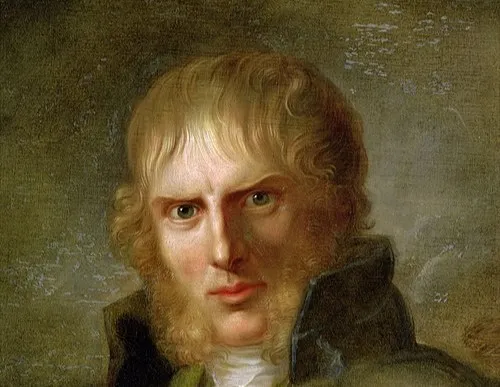Portrait of German artist Caspar David Friedrich with curly hair and intense expression in a dark coat.