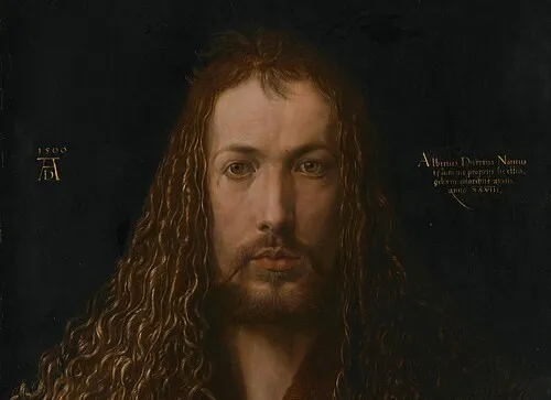 Albrecht Dürer self-portrait with long curly hair, showcasing detailed facial features against a dark background.