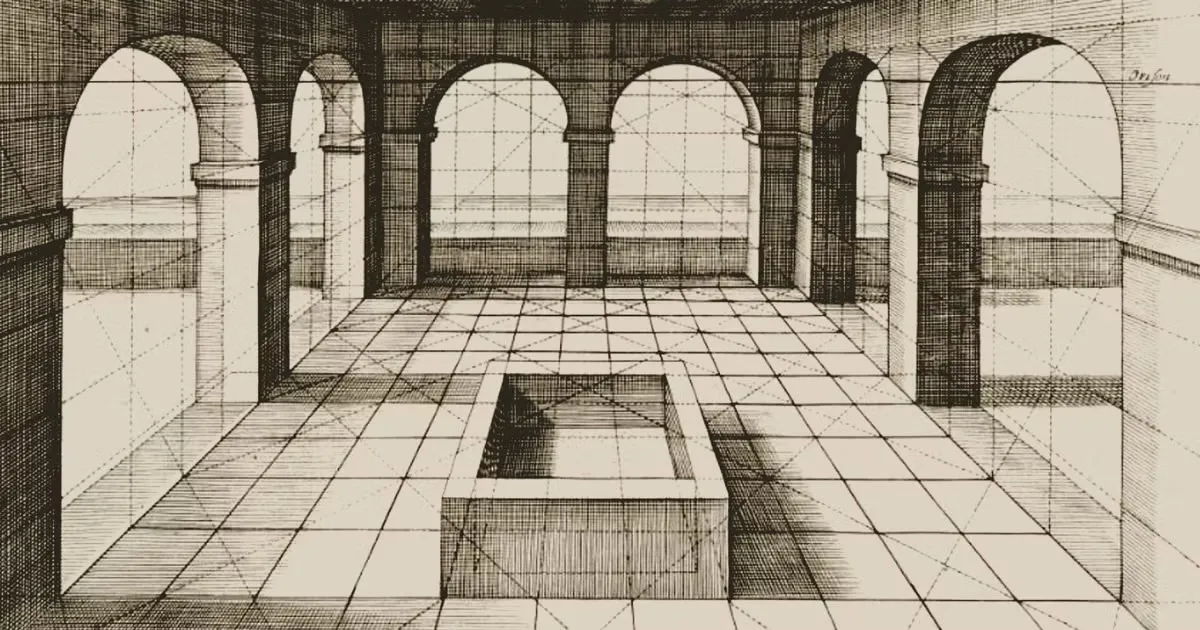 Black and white drawing of an architectural space demonstrating depth and perspective through lines on a flat surface.