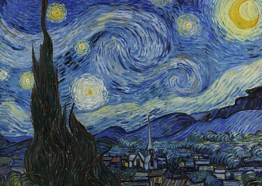 Expressionism art movement with bold swirling sky, emotional distortion, and vibrant colors in a starry night landscape painting.