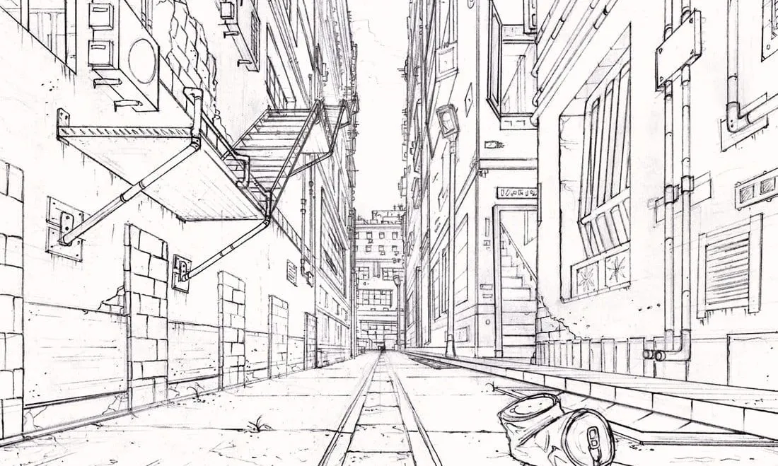 City sketch showing lines meeting at a single point on the horizon illustrating the artistic principle of perspective.